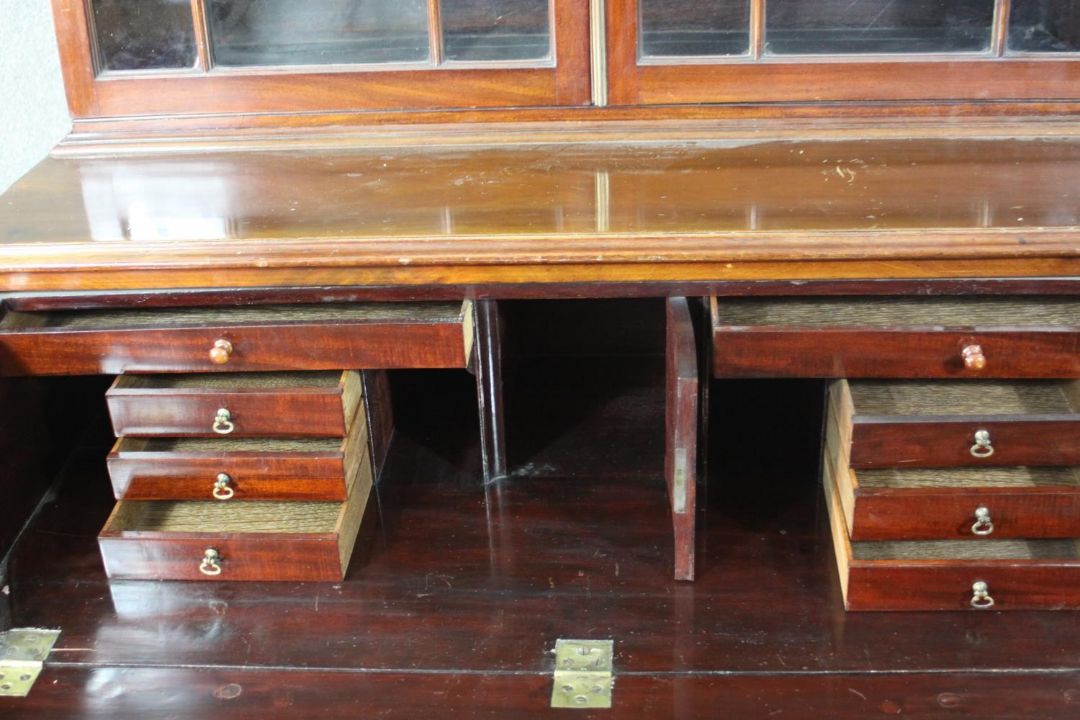 A Chippendale style mahogany secretaire bookcase, with a blind fret cornice over a pair of - Image 7 of 24