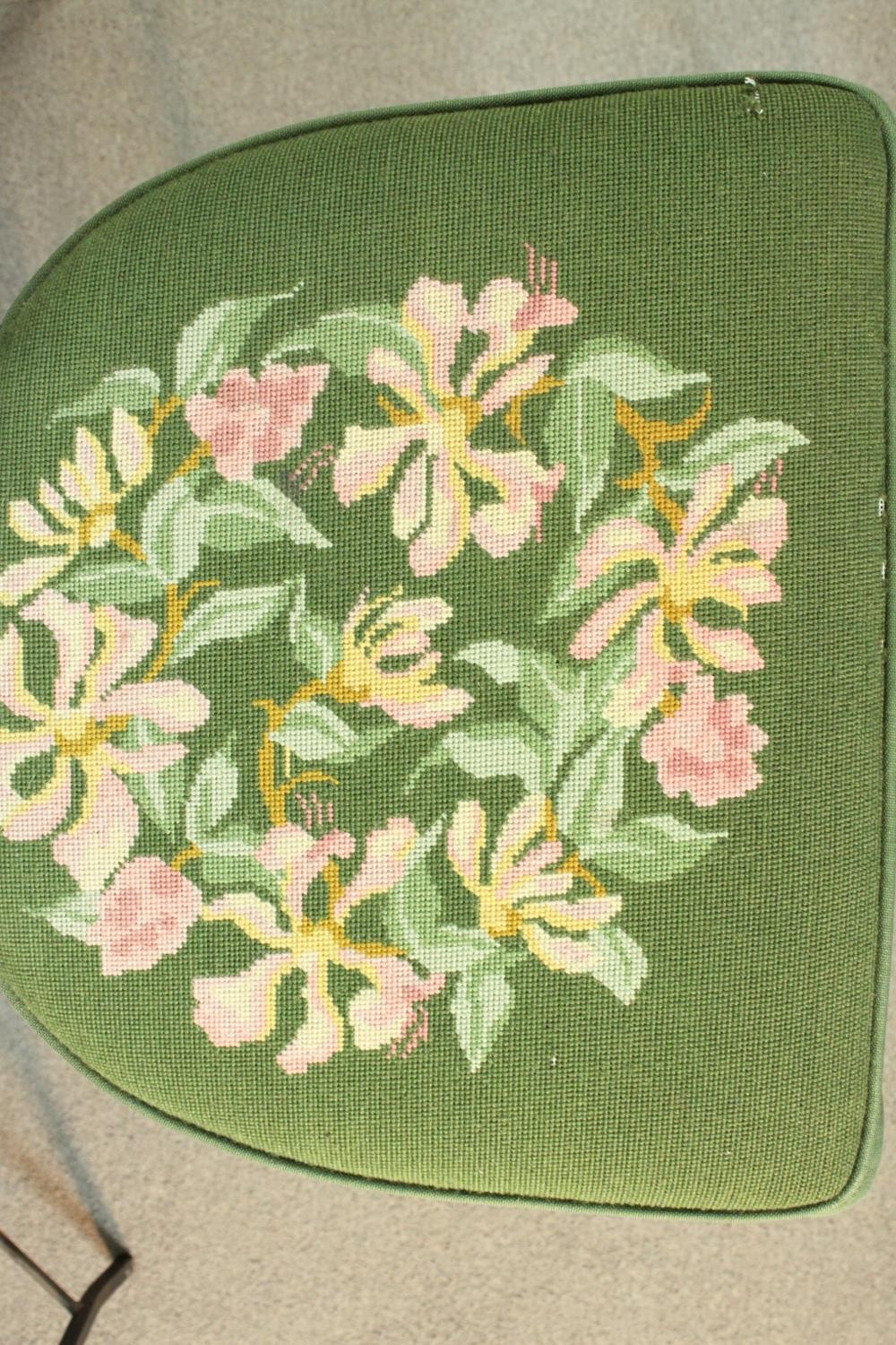 A set of six wrought iron dining chairs with green embroidered seats centred by a floral design. - Image 3 of 12