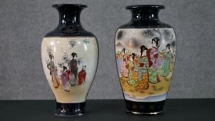 Two early 20th century hand painted and gilded Japanese Satsuma vases with geisha girl design and