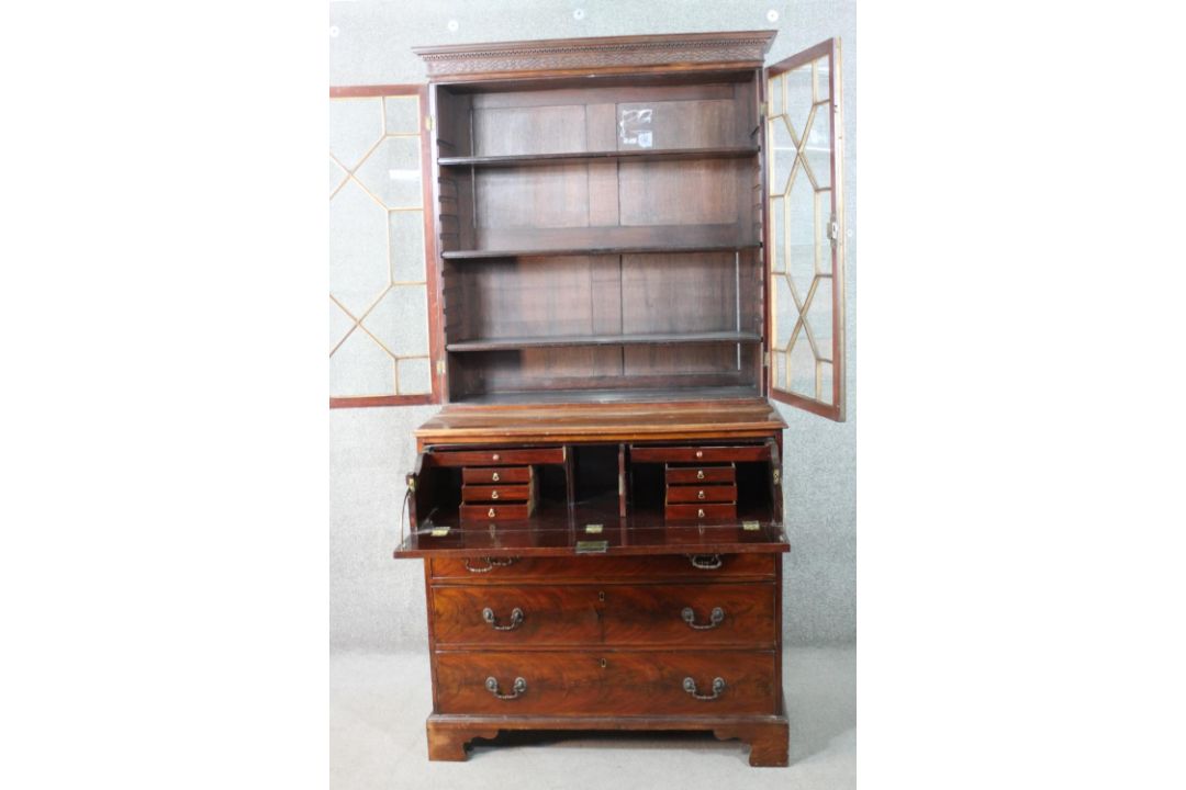 A Chippendale style mahogany secretaire bookcase, with a blind fret cornice over a pair of - Image 10 of 24