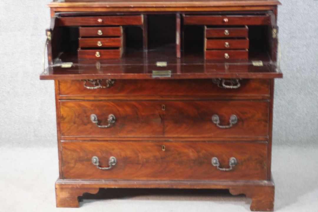 A Chippendale style mahogany secretaire bookcase, with a blind fret cornice over a pair of - Image 13 of 24