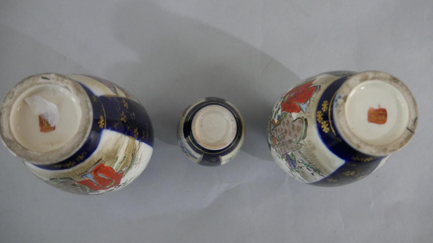 Three Japanese hand painted Satsuma ware vases with geisha girl design, character marks to base. H. - Image 2 of 3
