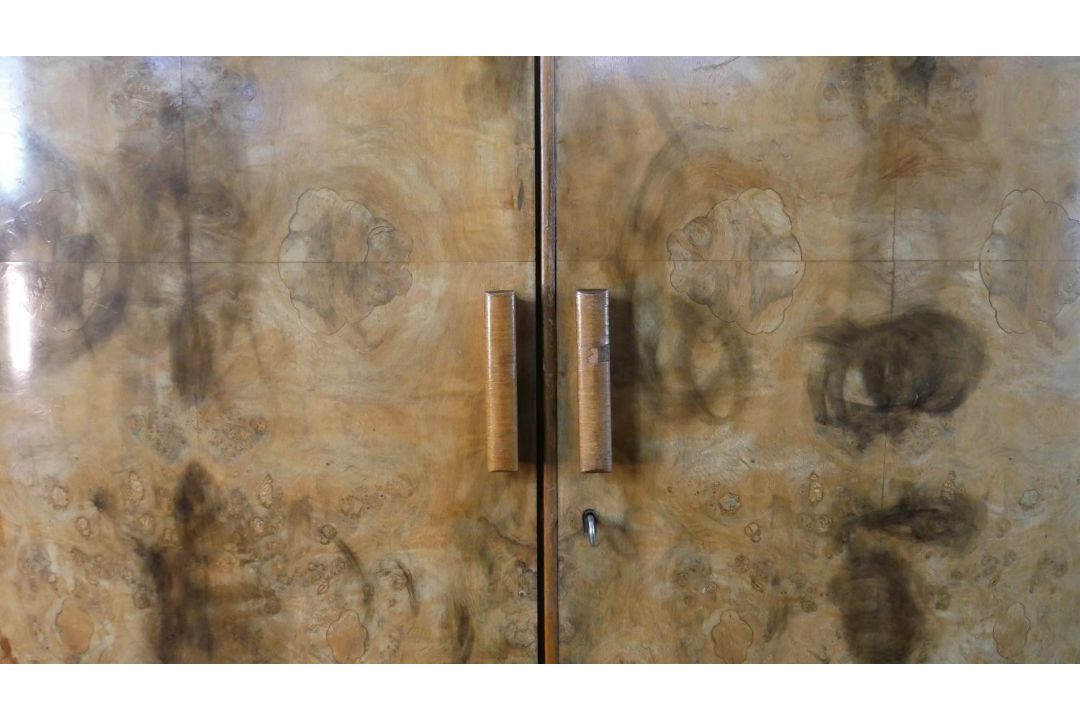 An Art Deco figured walnut compactum wardrobe, with two quarter veneered doors, the fitted - Image 11 of 13