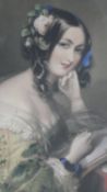 A framed and glazed 18th century hand coloured engraving of a female in smart dress. Published