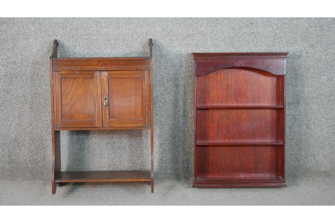 A late Victorian wall mounted cabinet, with two cupboard doors over an undertier, together with a - Image 1 of 11