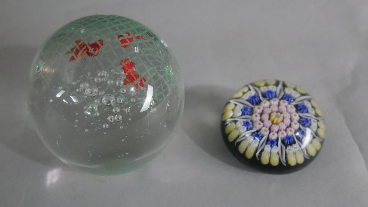 Four art glass lamp work paper weights with various designs. Makers marks to the base. - Image 3 of 3