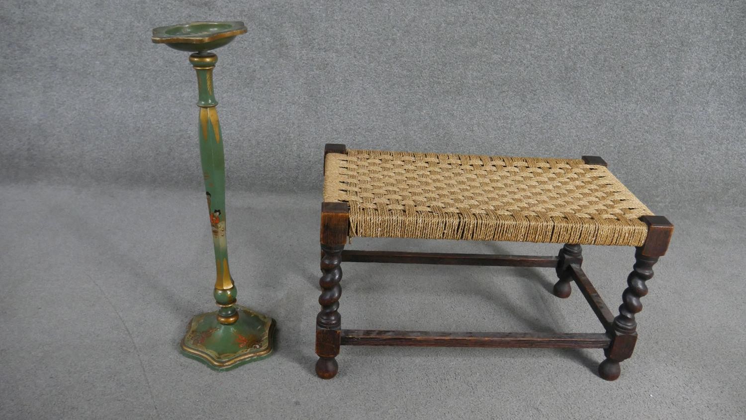 A Chinoiserie ashtray on stand, with typical painted designs on a green ground, together with an