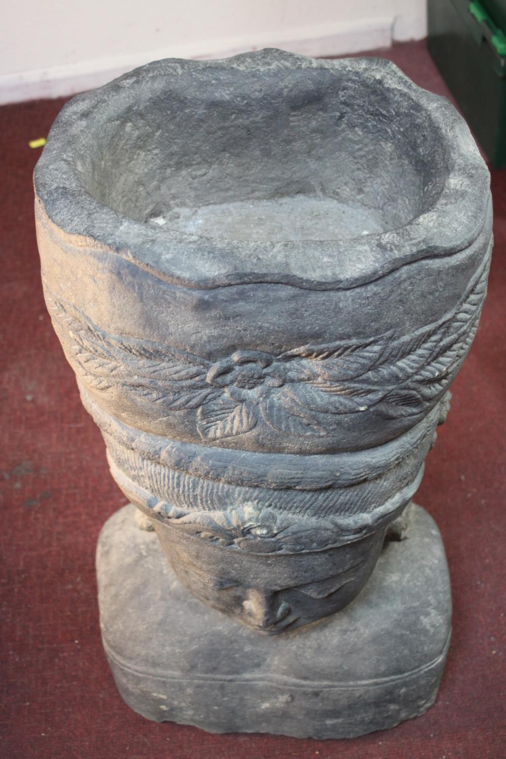 A very large 20th century Balinese Goddess carved stone head planter. H.92 W.48cm. - Image 5 of 9