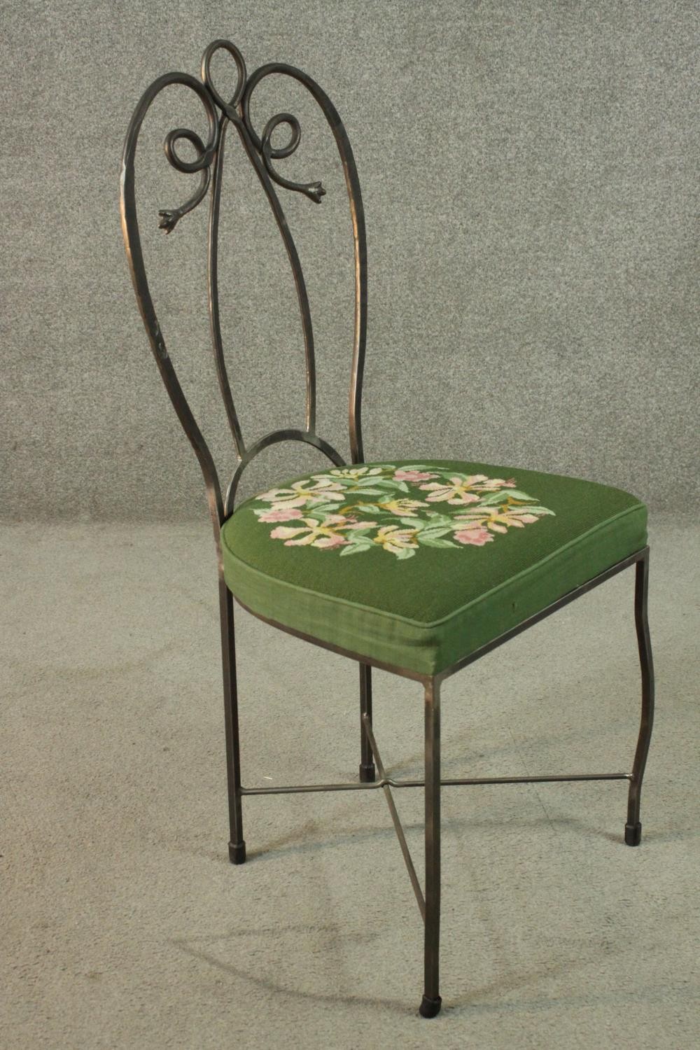 A set of six wrought iron dining chairs with green embroidered seats centred by a floral design. - Image 9 of 12
