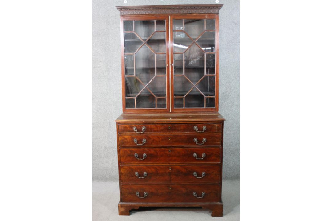 A Chippendale style mahogany secretaire bookcase, with a blind fret cornice over a pair of - Image 2 of 24