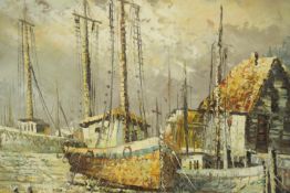 A circa 1960's oil on board depicting a harbour scene with sailing boats, signed Barton lower