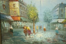 A circa 1960's oil on board Parisian scene, signed Burney lower right. H.54 W.64cm.
