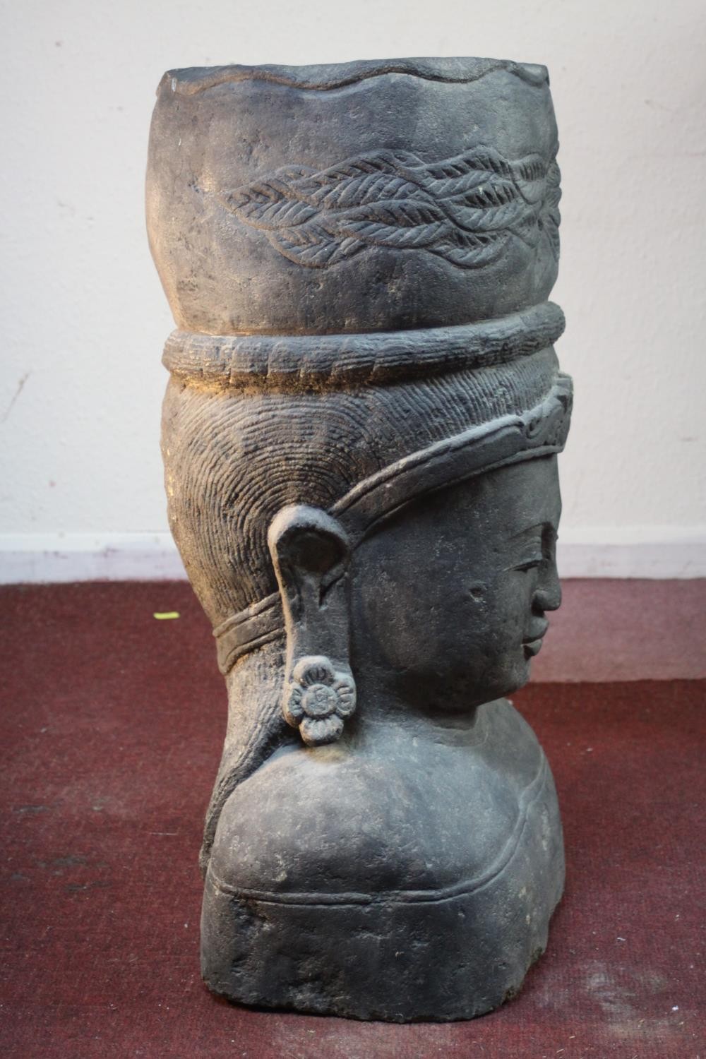 A very large 20th century Balinese Goddess carved stone head planter. H.92 W.48cm. - Image 2 of 9