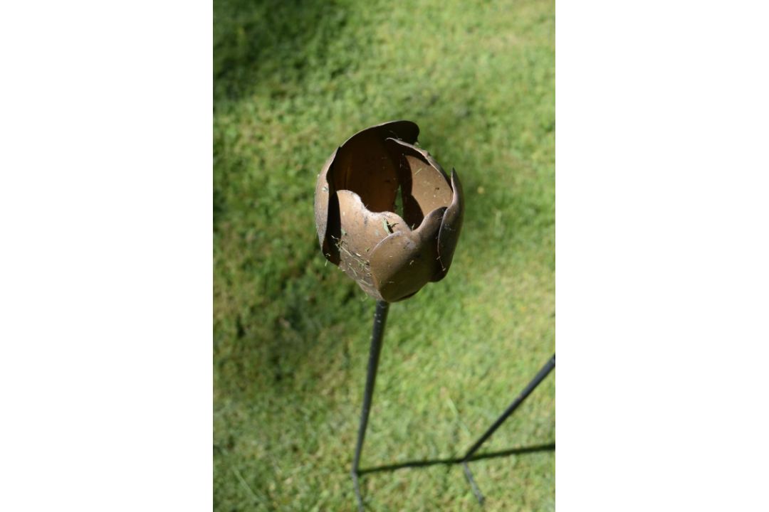 A set of six stainless steel plant stake garden sculptures with rustic rose heads. H.90cm 80-120 - Image 5 of 6