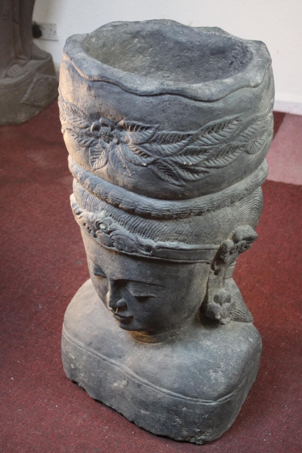 A very large 20th century Balinese Goddess carved stone head planter. H.92 W.48cm. - Image 4 of 9