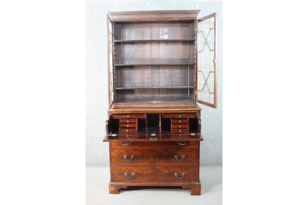 A Chippendale style mahogany secretaire bookcase, with a blind fret cornice over a pair of - Image 11 of 24
