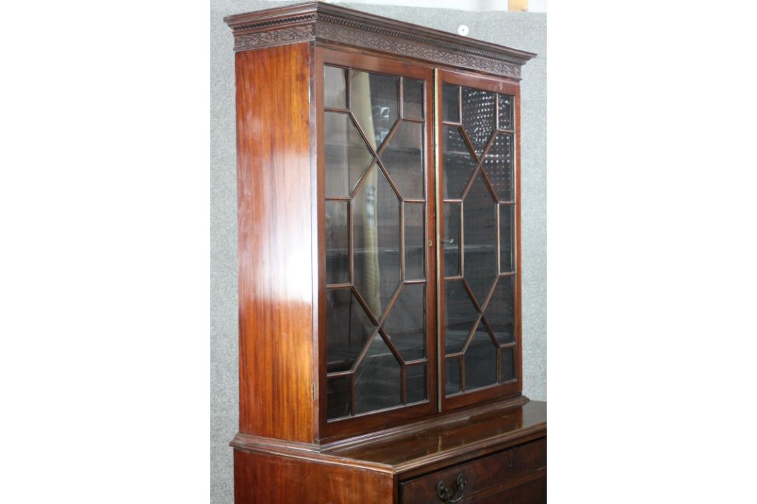 A Chippendale style mahogany secretaire bookcase, with a blind fret cornice over a pair of - Image 20 of 24