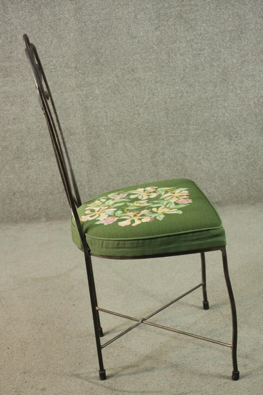A set of six wrought iron dining chairs with green embroidered seats centred by a floral design. - Image 10 of 12