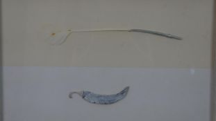 A frame and glazed mixed media on of a chili pepper and indistinctly titled and signed H.49 W.59cm