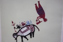 A pastel study depicting figures on an elephant and a further figure with a megaphone, signed