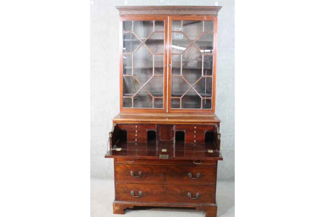 A Chippendale style mahogany secretaire bookcase, with a blind fret cornice over a pair of - Image 4 of 24