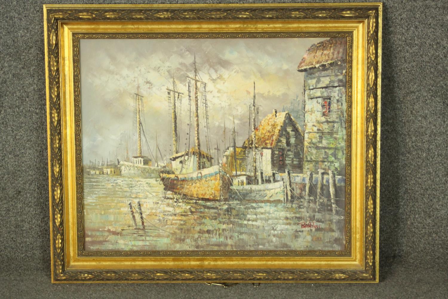 A circa 1960's oil on board depicting a harbour scene with sailing boats, signed Barton lower - Image 2 of 4
