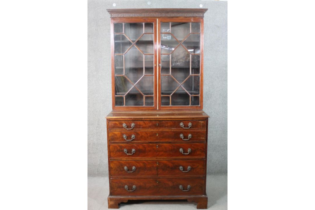 A Chippendale style mahogany secretaire bookcase, with a blind fret cornice over a pair of - Image 1 of 24