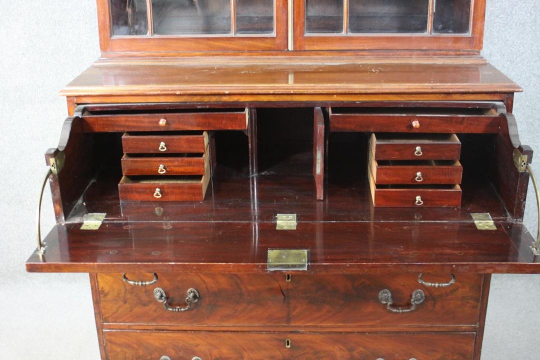 A Chippendale style mahogany secretaire bookcase, with a blind fret cornice over a pair of - Image 9 of 24