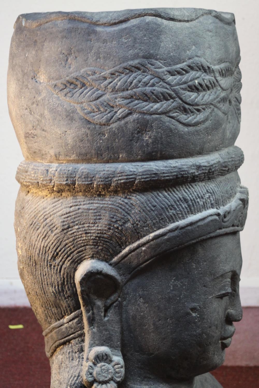 A very large 20th century Balinese Goddess carved stone head planter. H.92 W.48cm. - Image 6 of 9