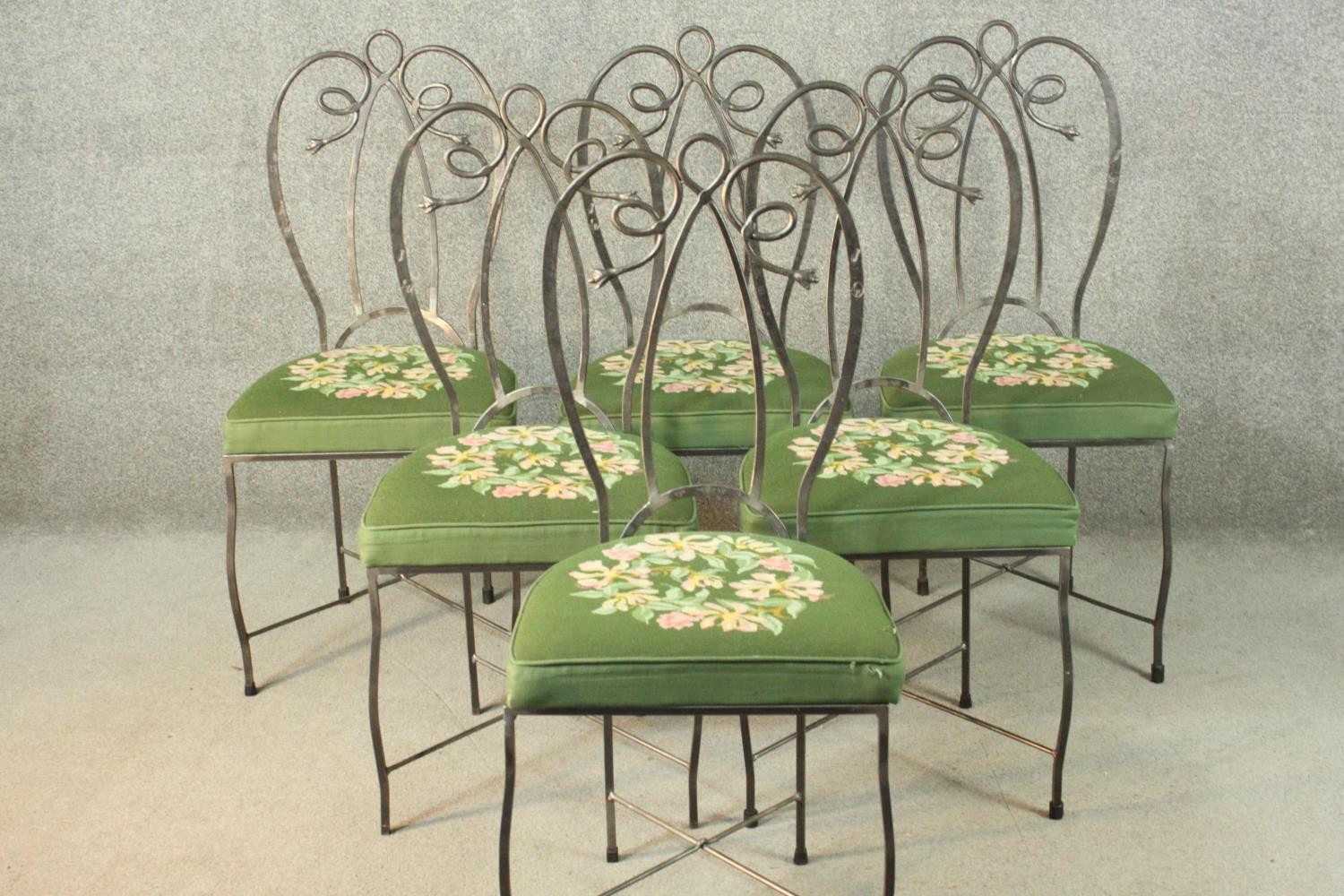 A set of six wrought iron dining chairs with green embroidered seats centred by a floral design. - Image 2 of 12