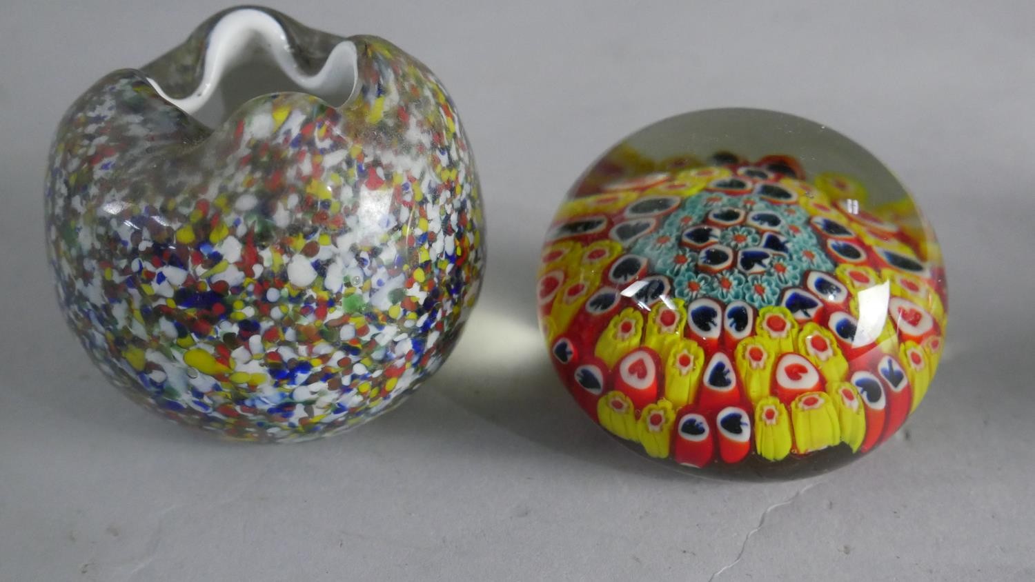 Three art glass lamp work paper weights and a pinched design Murano glass vase. - Image 3 of 4