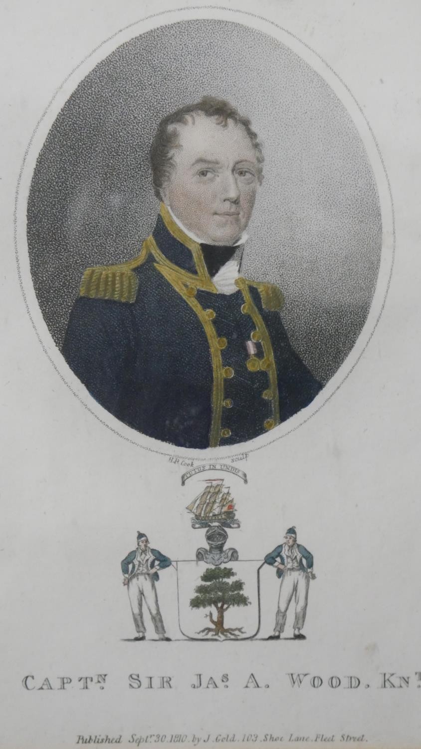 Four framed and glazed 19th century hand coloured engraved portraits of naval officers, each with - Image 5 of 7