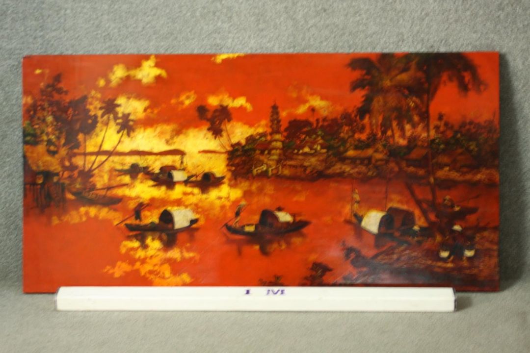 Oil on board, Asian fishermen with boats and pagoda in background at sunset, indistinctly signed. - Image 2 of 5
