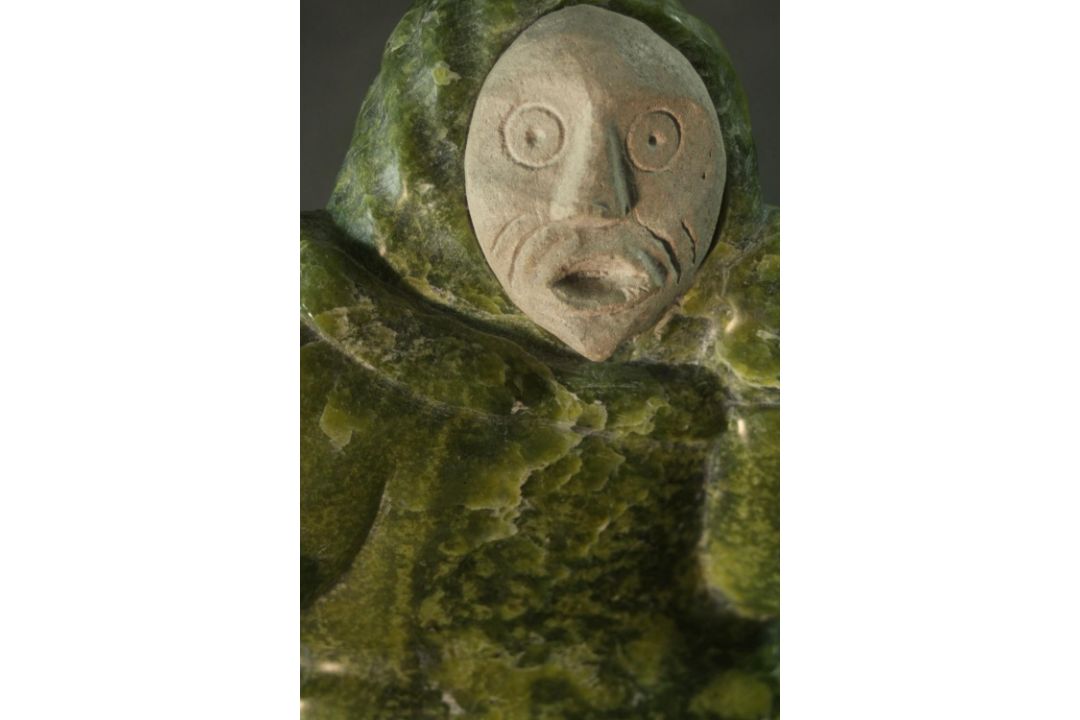 Aisa Amittu, Inuit, 1951, a carved green soapstone and granite drum dancer sculpture, with bone - Image 6 of 9