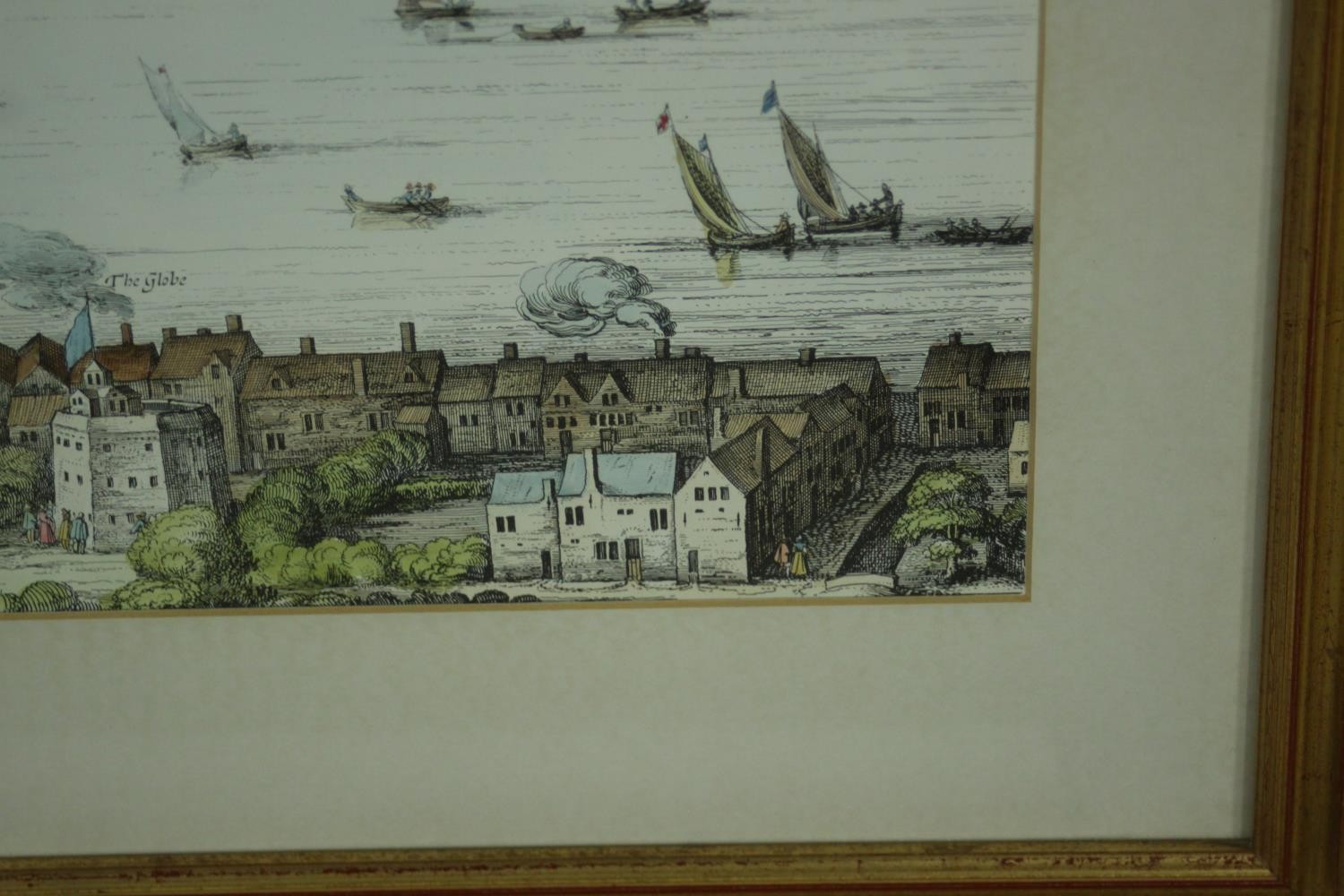A large framed and glazed hand coloured engraving of a scene of the Thames with various places - Image 4 of 7