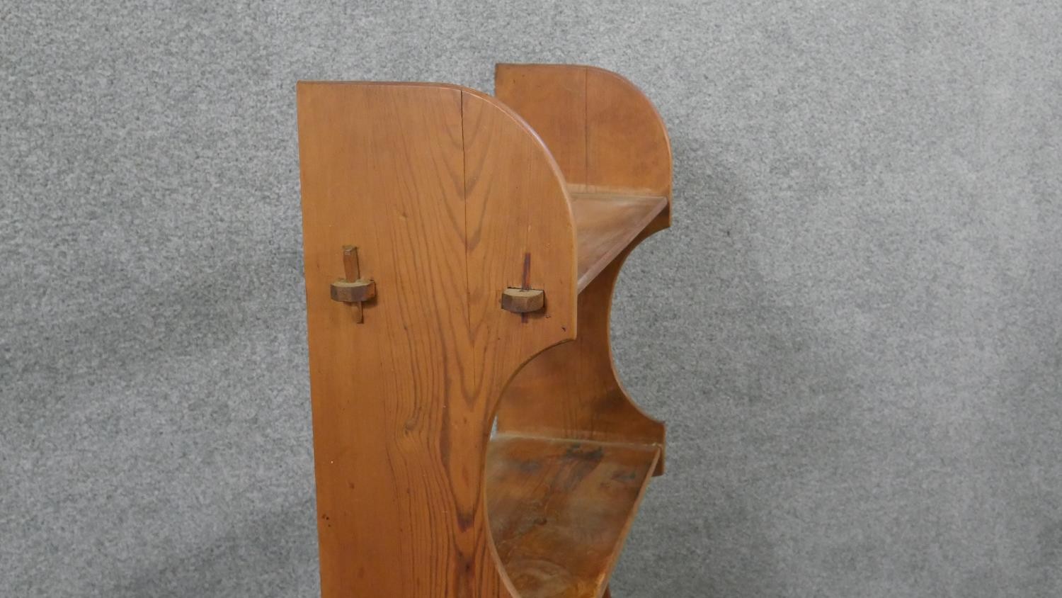 A set of pine open bookshelves, the four shelves joined to the shaped side with pegs. H.121 W.60 D. - Image 5 of 5