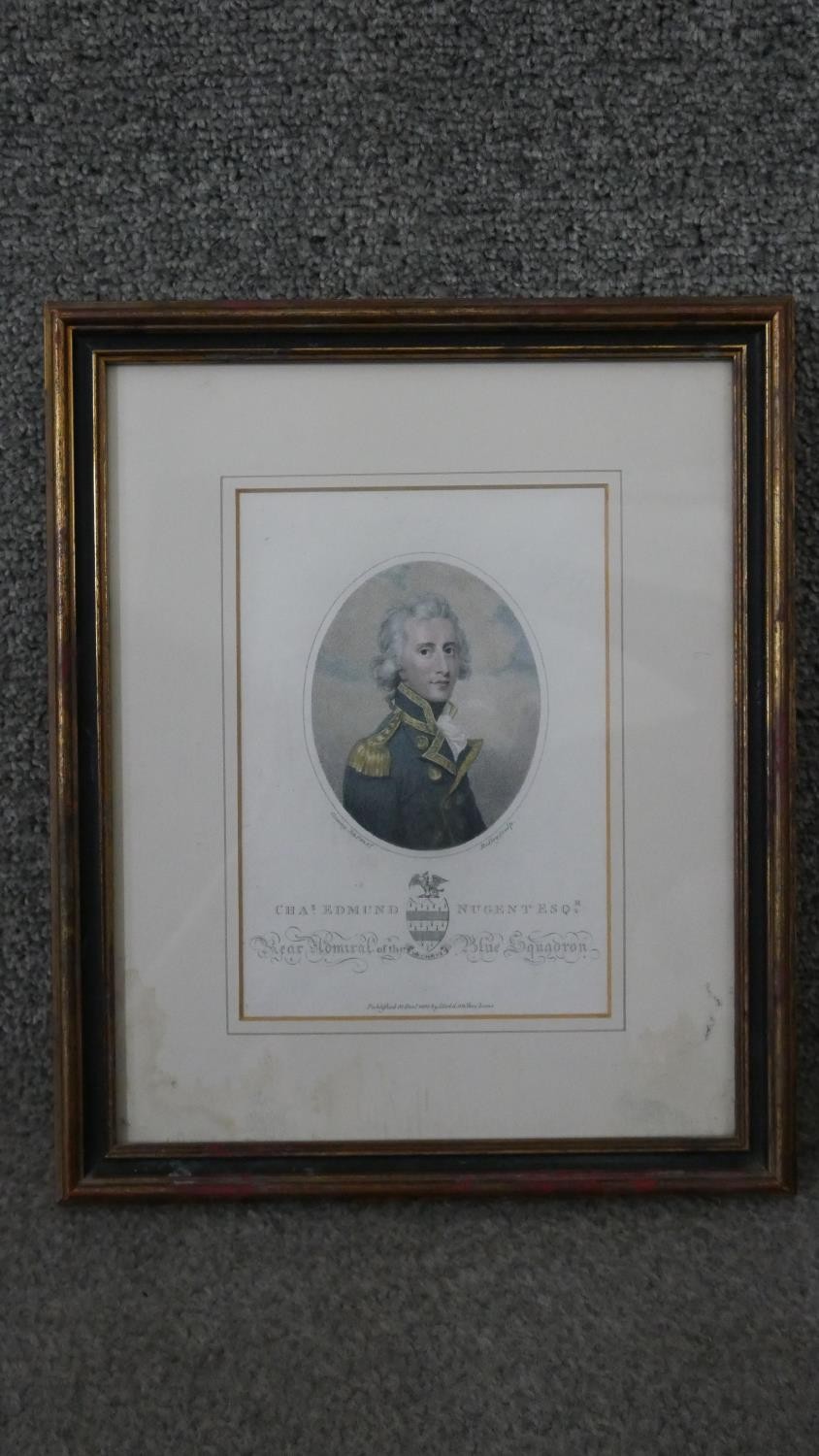 Four framed and glazed 19th century hand coloured engraved portraits of naval officers, each with - Image 3 of 7