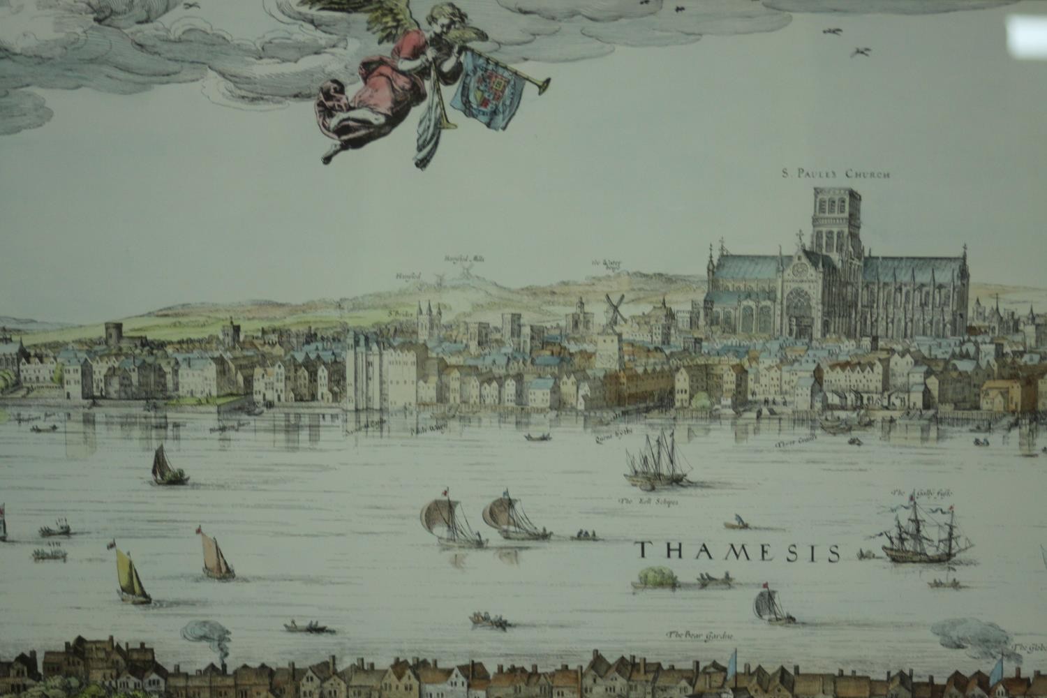 A large framed and glazed hand coloured engraving of a scene of the Thames with various places - Image 3 of 7
