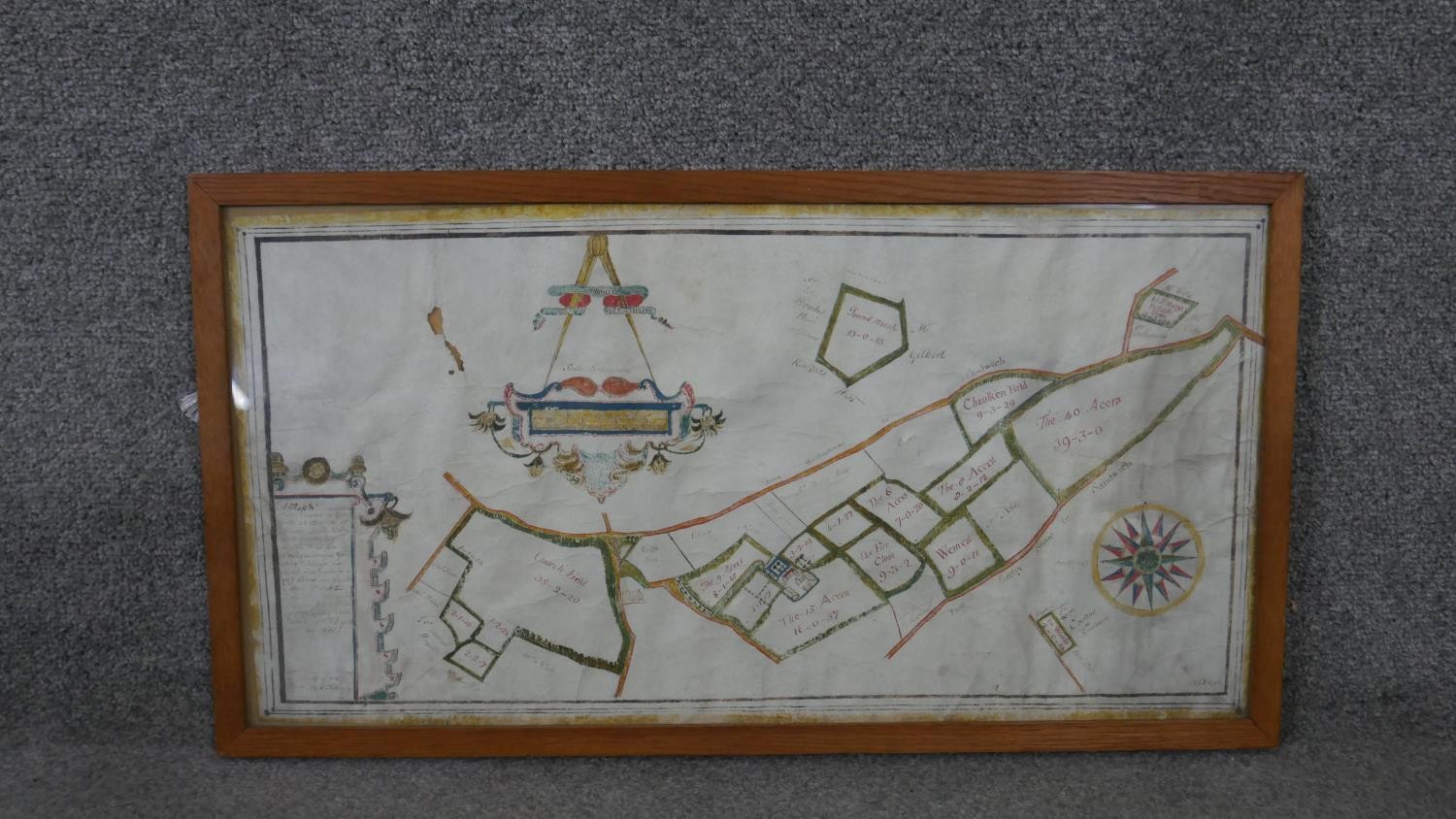 A framed and glazed 17th century hand drawn map showing the land owned by the Manor of Grove, with - Image 2 of 6