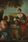 A carved gilt framed 19th century oil on canvas of Jesus and the woman at the well, unsigned. H.86