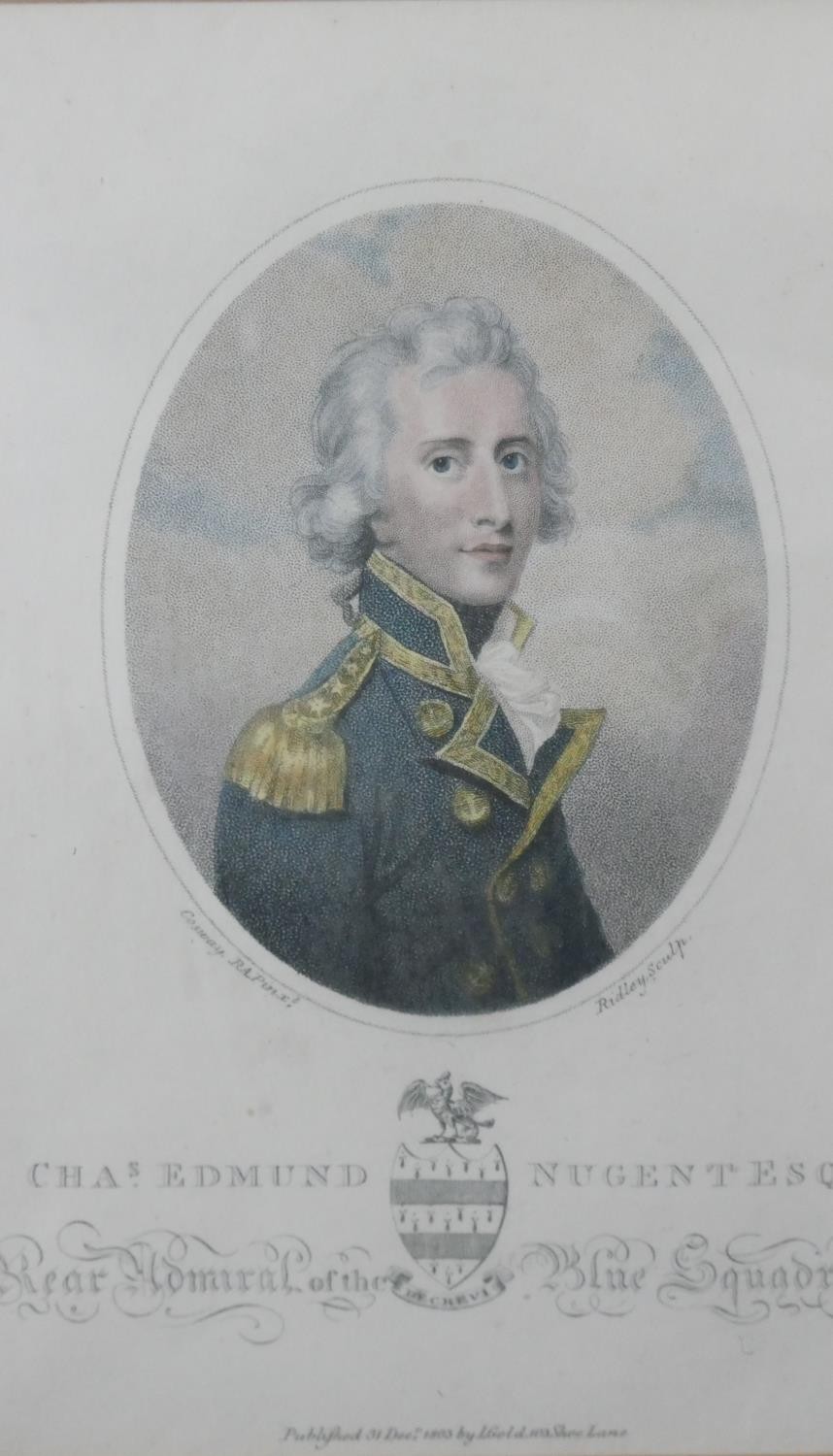 Four framed and glazed 19th century hand coloured engraved portraits of naval officers, each with - Image 4 of 7