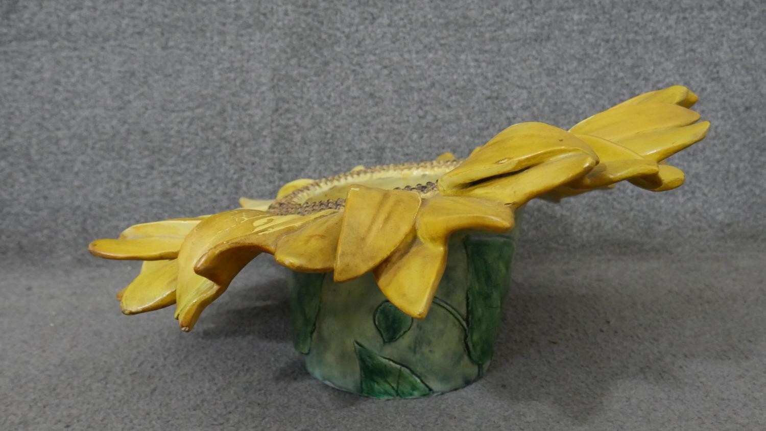 Delphin Massier-A large 19th century French Art Nouveau hand painted majolica sunflower planter, - Image 4 of 11