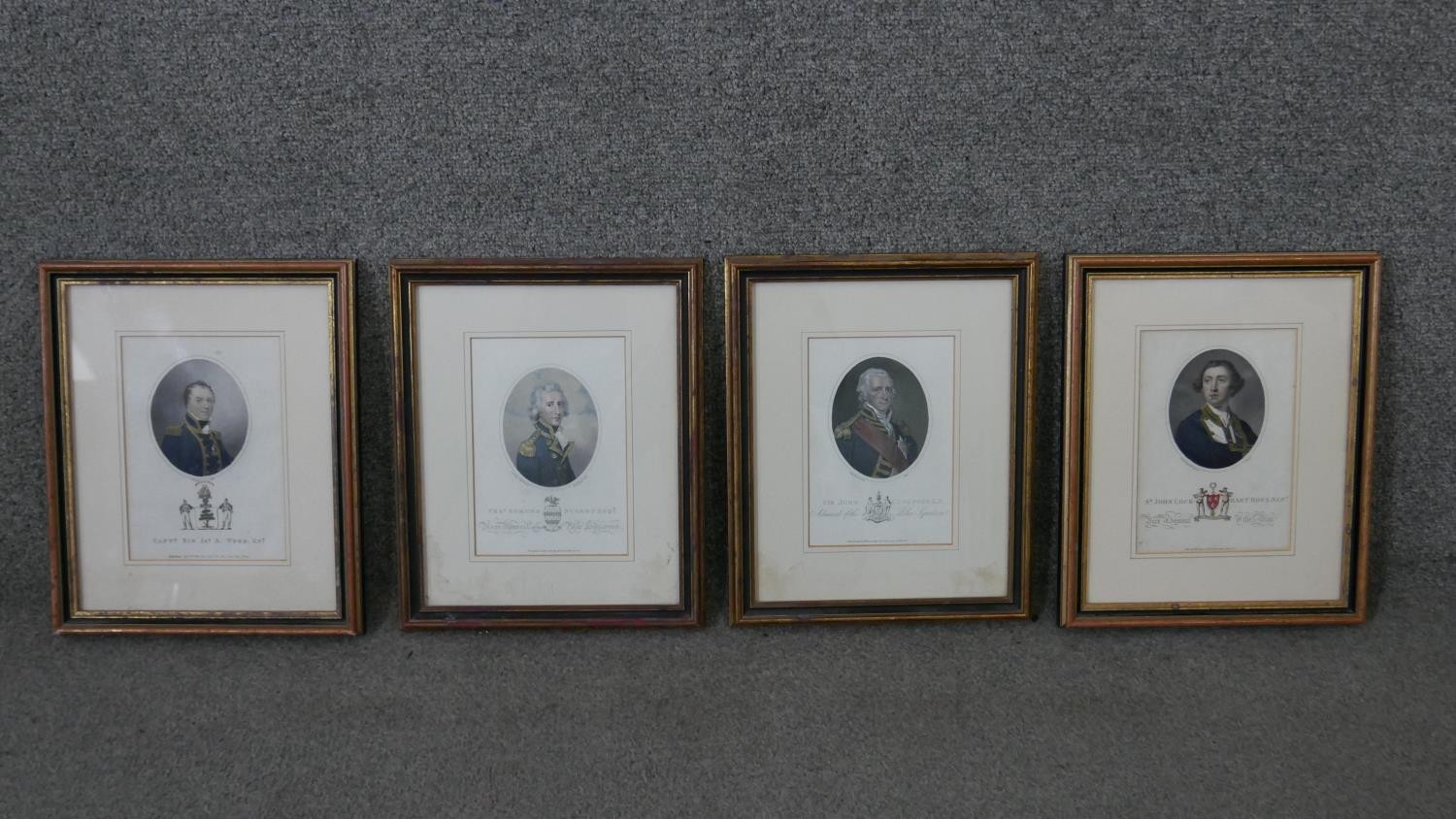 Four framed and glazed 19th century hand coloured engraved portraits of naval officers, each with