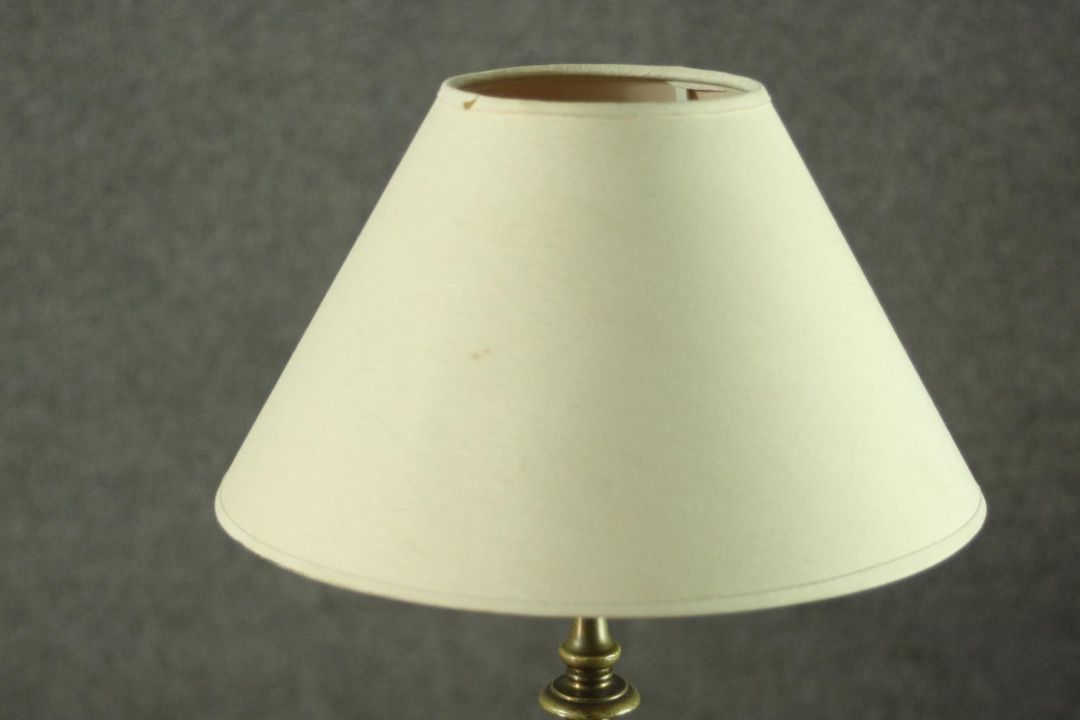 A turned brass table lamp, with an ivory coloured shade. H.56 W.25cm. - Image 3 of 4