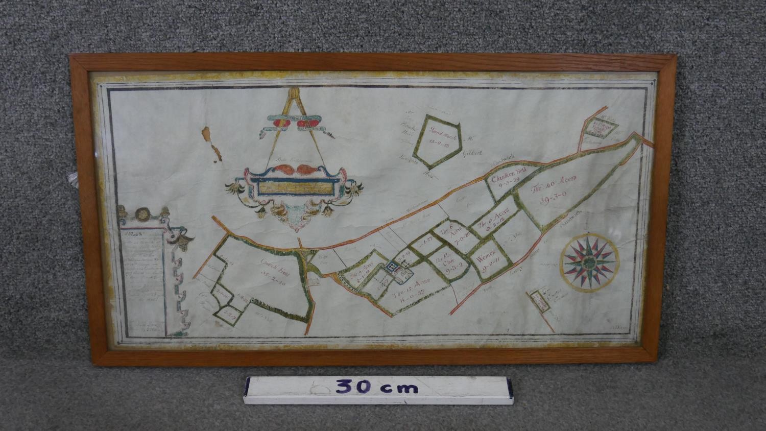 A framed and glazed 17th century hand drawn map showing the land owned by the Manor of Grove, with - Image 3 of 6