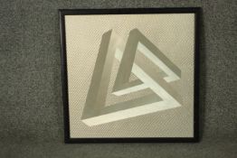 A framed and glazed metallic print of an optical illusion of two interlinked triangles. Stamped to