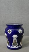 A blue and white glaze pierced design Chinese ceramic garden stool. aH.46 Diam.39cm