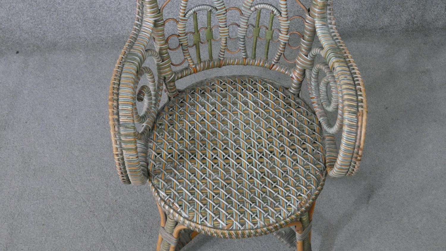 A wicker open arm conservatory chair, the back with cross and spiral detail, the arms with scrolling - Image 2 of 6