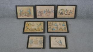 A collection of seven 19th century hand coloured engraved cartoons. H.27 W.37cm (largest)