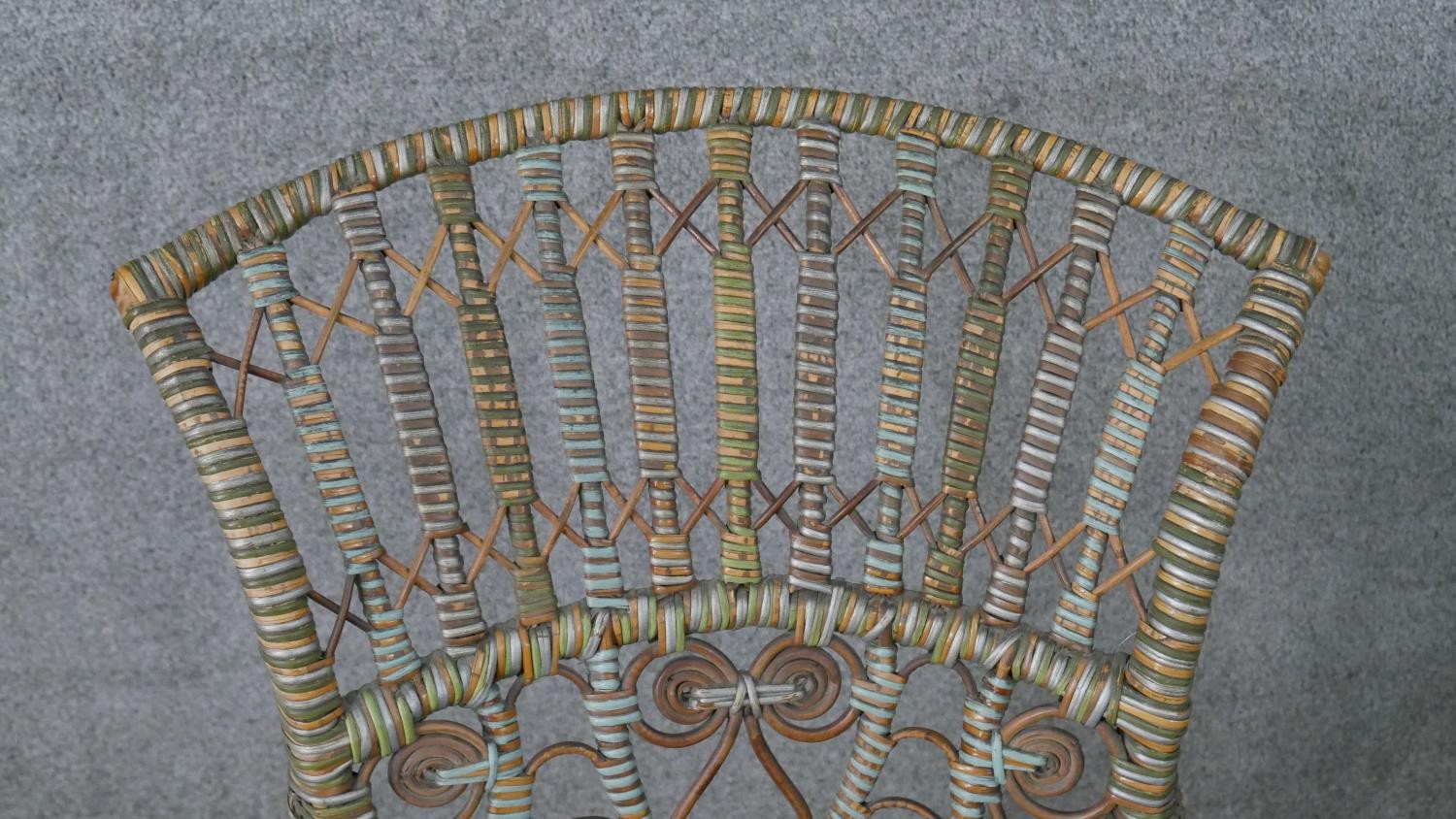 A wicker open arm conservatory chair, the back with cross and spiral detail, the arms with scrolling - Image 4 of 6